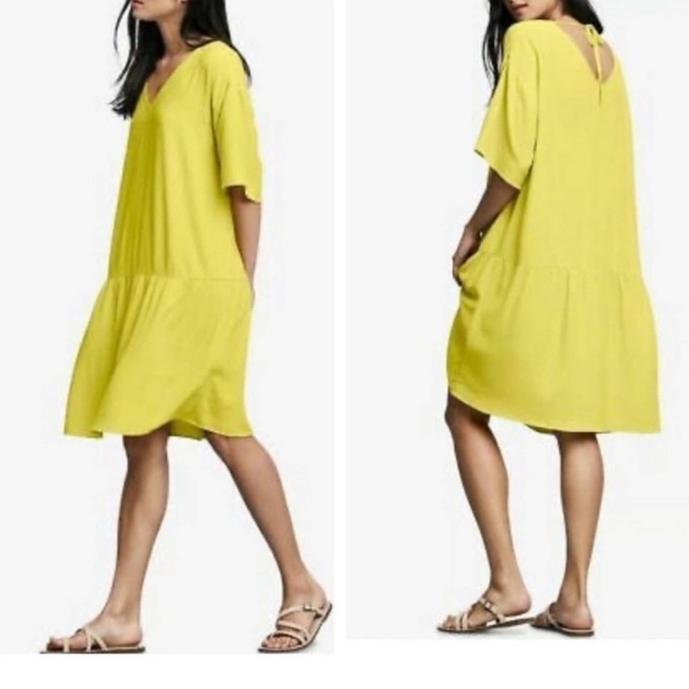 Eileen Fisher NEW Crepe Drop-Waist Dress Yellow SIZE XS oversized minimalist